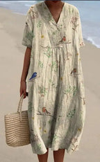 Casual Short Sleeved V-neck Big Swing Dress 2024 New Women's Loose Printed Long Dress Female Retro Flower Print Pullover Dresses