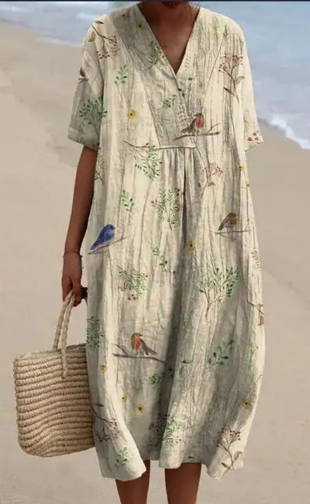 Casual Short Sleeved V-neck Big Swing Dress 2024 New Women's Loose Printed Long Dress Female Retro Flower Print Pullover Dresses