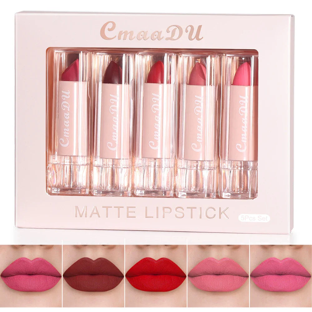 5 Pcs  Matte Lipstick Sets Lip Gloss Moisturizing Long-lasting Easy Makeup Fashion Classic Shades For Daily Date Exquisite Gift Lootquake LLC