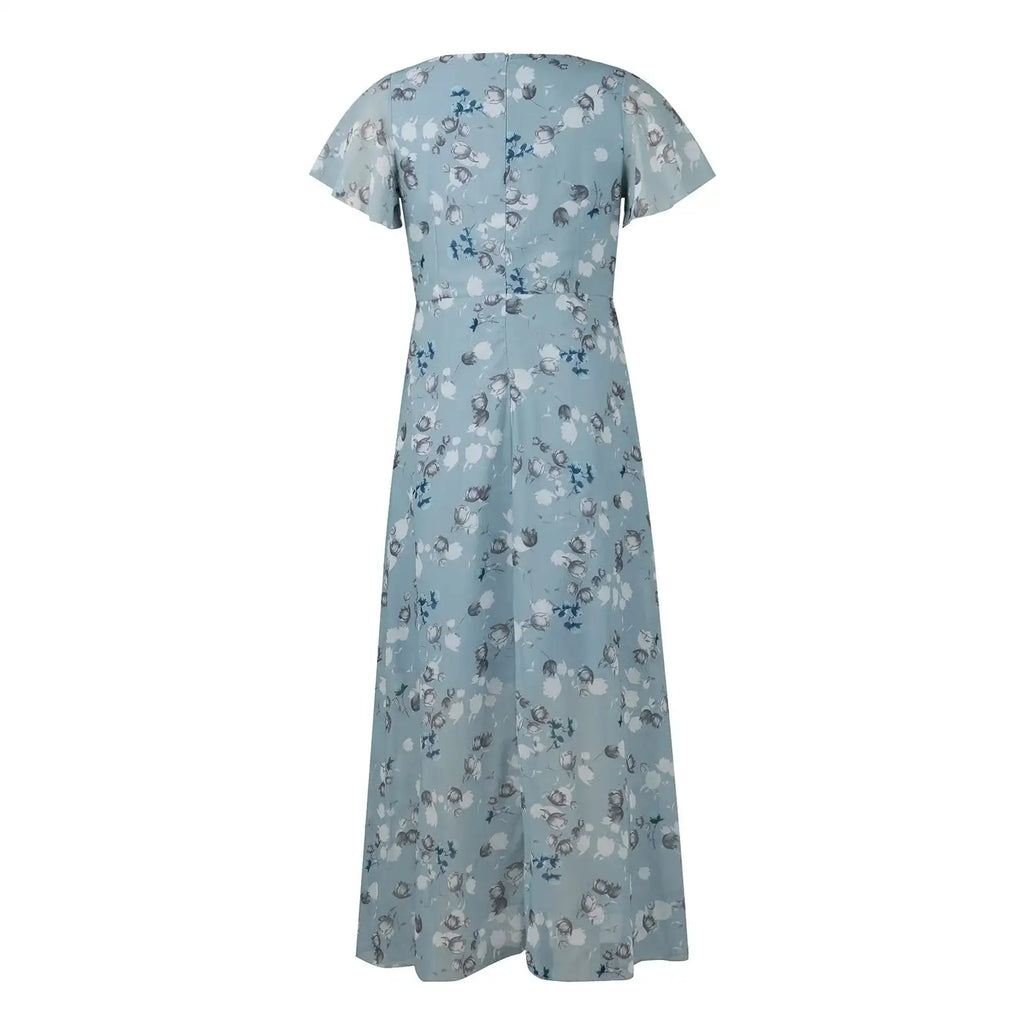 Vestidos Verano Moda 2024 Women's Swing Long Dress Chiffon Floral Short Sleeve Ruffle V Neck Fashion Waist Flowy Dress платье