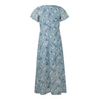 Vestidos Verano Moda 2024 Women's Swing Long Dress Chiffon Floral Short Sleeve Ruffle V Neck Fashion Waist Flowy Dress платье