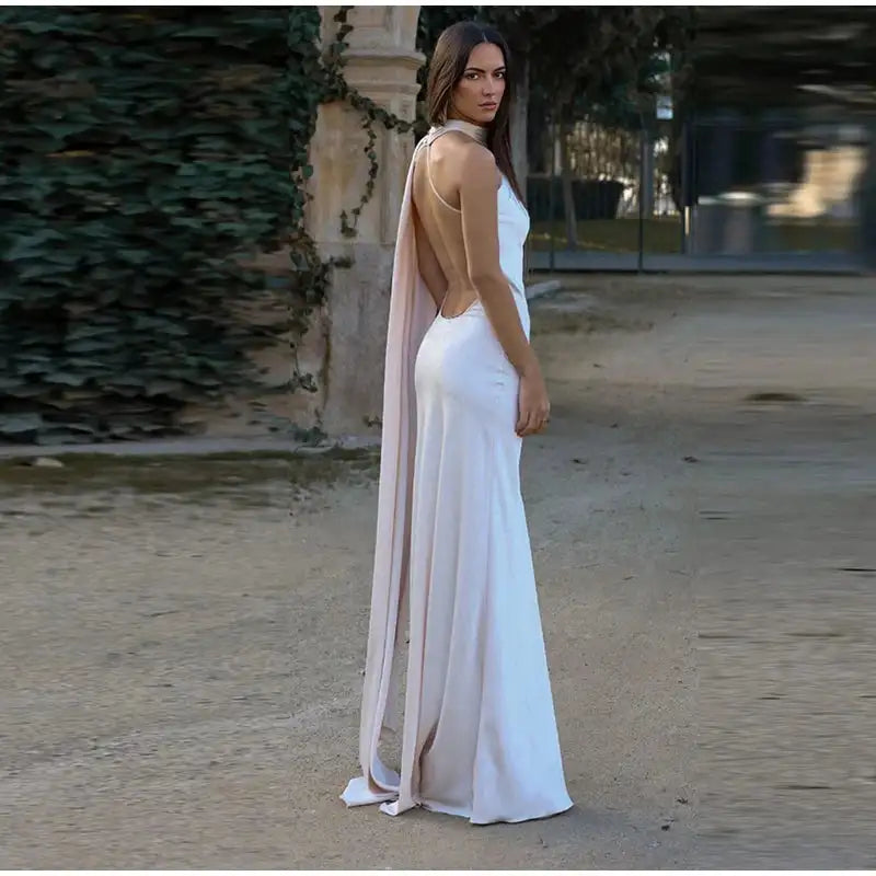 Elegant Satin Halter Slim Long Dress With Scarf Women New Sexy Backless Sleeveless Maxi Dresses Summer Lady Party Chic Vestidos