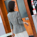 Gray Striped Plaid Blazer Jacket Women's Fashion Slim Coats V-Neck Single Button Ladies Blazers S-XXXXXL