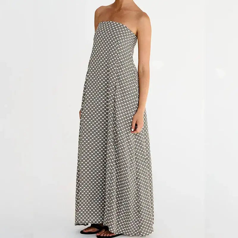 Fashion Strapless High Waisted Long Dress Women Casual Off Shoulder Pleated Bohemian Dress Elegant Pattern Printed Holiday Dress