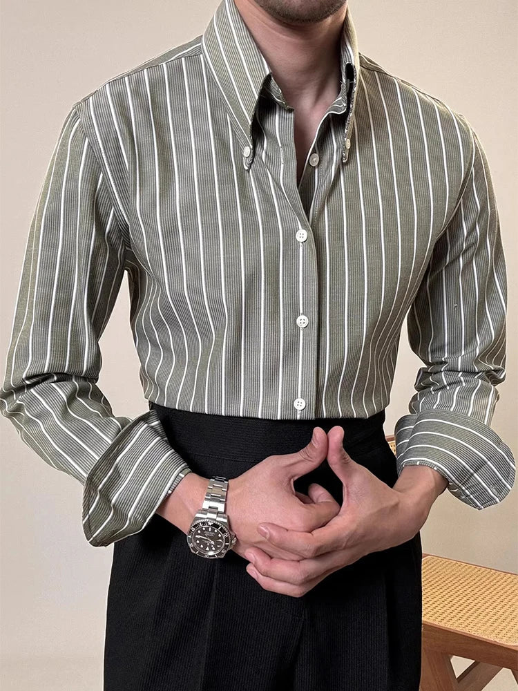 Vintage Striped Printed Slim Shirts Mens Casual Long Sleeve Lapel Buttoned Shirt 2025 Spring Fall Mens Shirt Naple Style Clothes Lootquake LLC