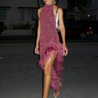 Sexy Sleeveless Hollow Irregular Long Dress Fashion Backless Slim Fit Party Dress Lady Elegant Feather Patchwork Suspender Dress