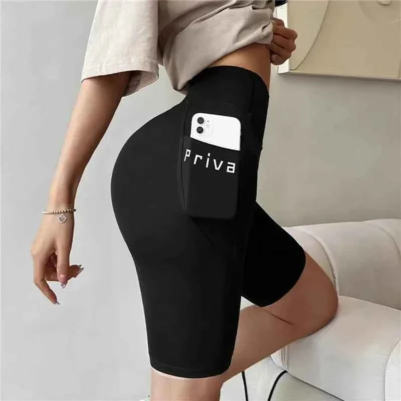 Women's Black High Waist Biker Shorts with Pocket THRIXINE