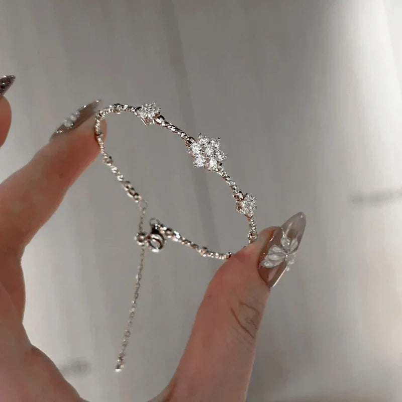 French Style Light Luxury Exquisite Bracelet Chic Elastic Flower Bracelet Sparkling Zircon Snowflake Ring 925 Silver Jewelry Set Lootquake LLC