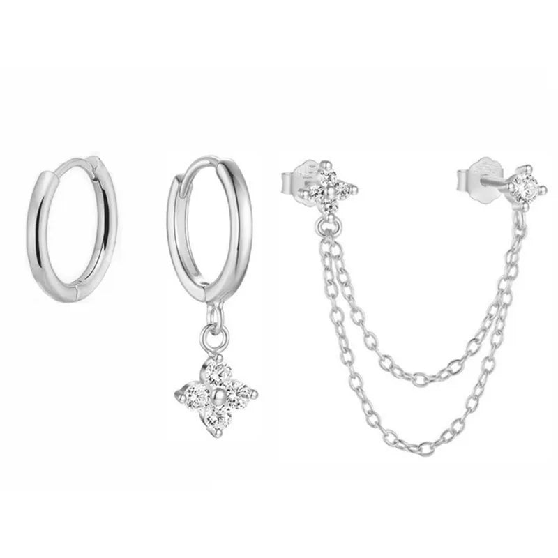 3PCS New Fashion Four Zircon Flower Hoop Earring Set For Women Stainless Steel Double Stud Chain Tassel Huggie Piercing Jewelry Lootquake LLC