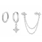 3PCS New Fashion Four Zircon Flower Hoop Earring Set For Women Stainless Steel Double Stud Chain Tassel Huggie Piercing Jewelry Lootquake LLC