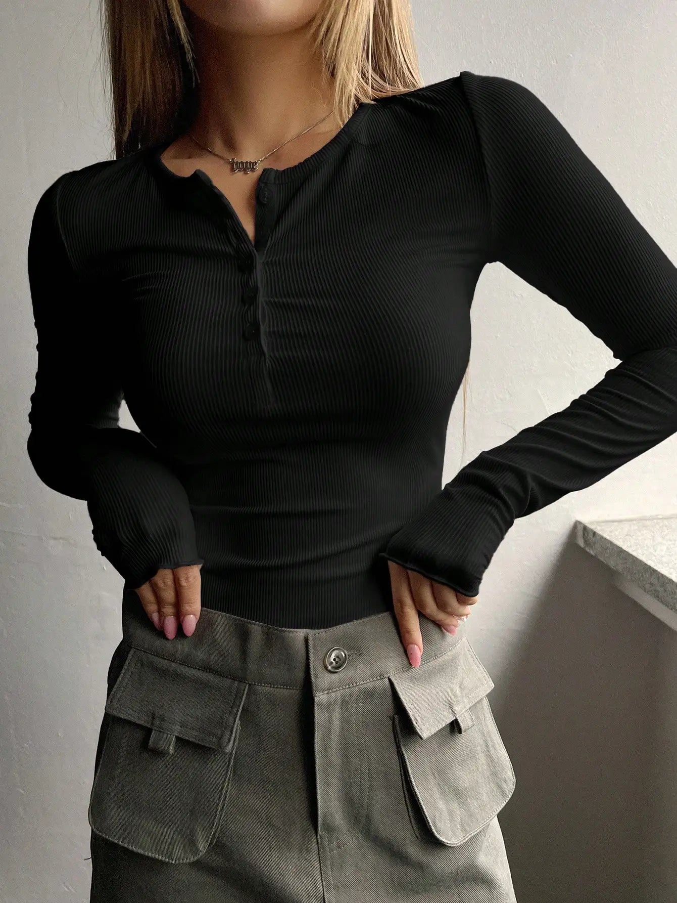 Ribbed Bliss: Women's Button Front Tee THRIXINE