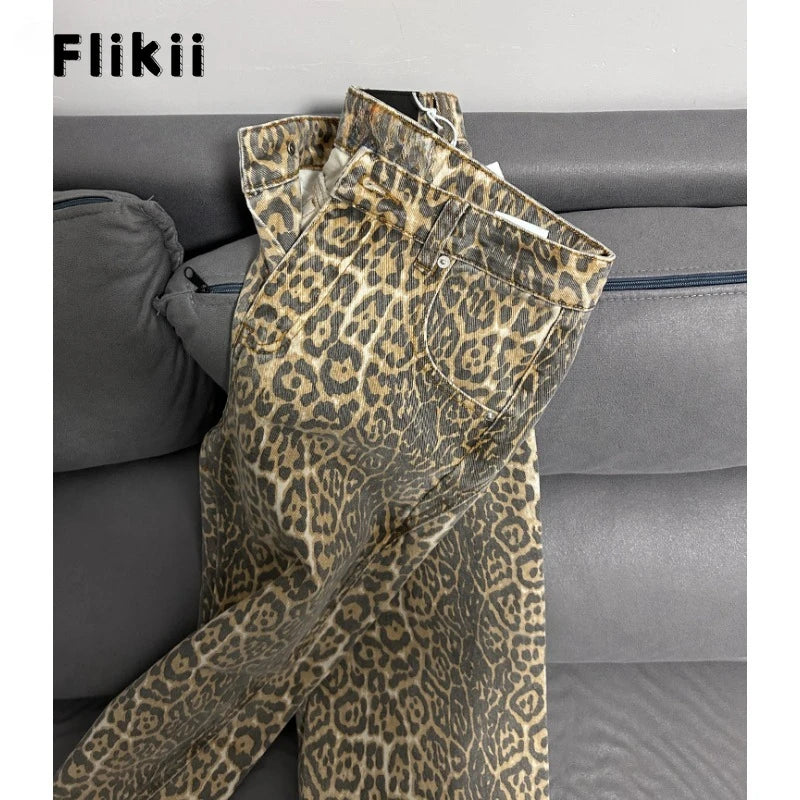 American Retro Leopard High Waist Baggy Jeans Women's Casual Pockets Hip-hop Pants 2024 Spring Y2K Oversiz Panther Denim Trouser Lootquake LLC