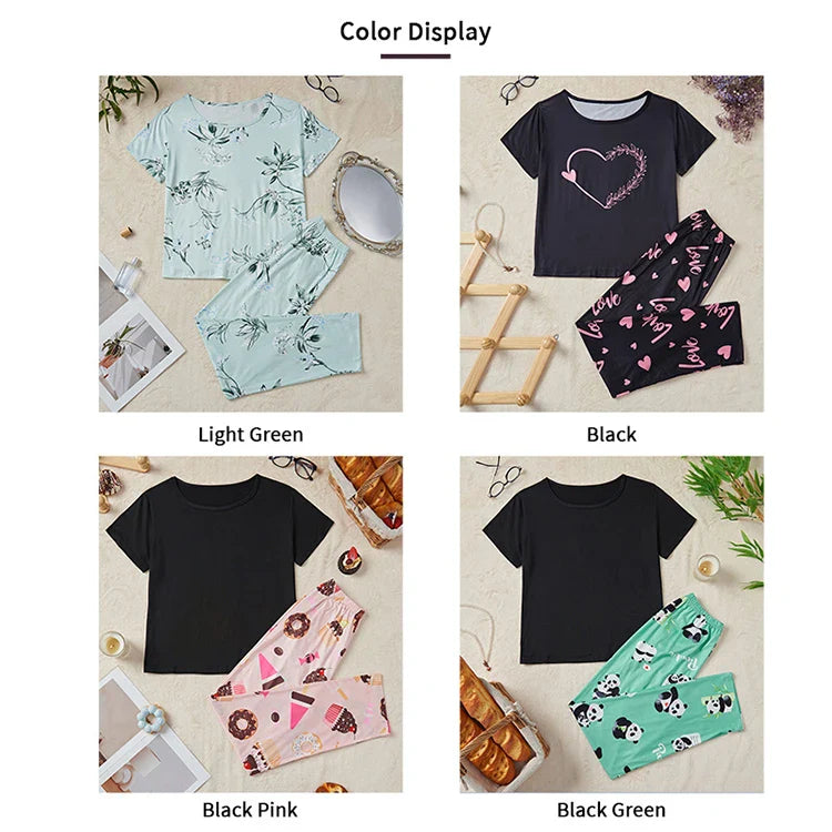 Women's Sleepwear Cozy Heart Print Relaxed Fit Pajama Set Short Sleeve Tee Top & Pants Nightwear 2 Piece Pyjama for All Seasons Lootquake LLC