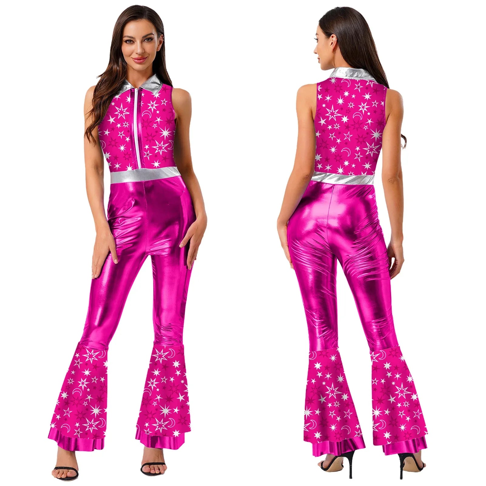 Womens Halloween Retro Hippie Cosplay Costume Party Hip-hop Dance Costume Metallic Shiny Vintage Carnival Bodysuit Jumpsuit Lootquake LLC