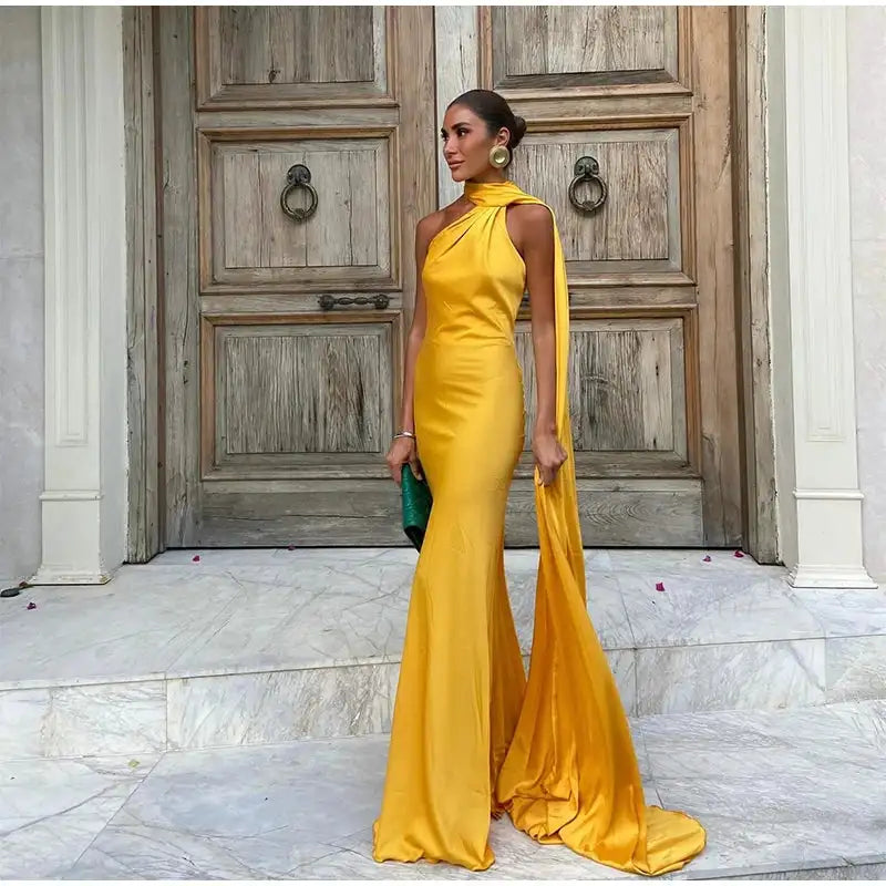 Elegant Satin Halter Slim Long Dress With Scarf Women New Sexy Backless Sleeveless Maxi Dresses Summer Lady Party Chic Vestidos