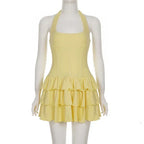 Tornova Vacation Halter Mini Dress For Women Solid High Waist Puffy Dress Ruffled Splice Fashion Sexy Slim Dress 2025 Summer New
