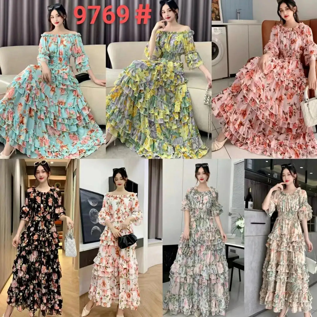 Summer New Off Shoulder  Wrap Waist to Show Thin A-line Fragmented Cake Dress Women's Beach Vacation Chiffon Long Dress GD820