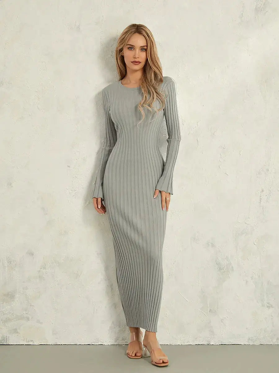 Women Spring Autumn Lace-up Knit Dress Elegant Long Sleeve Crew Neck Ribbed Solid Color Long Dress Streetwear