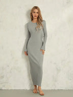 Women Spring Autumn Lace-up Knit Dress Elegant Long Sleeve Crew Neck Ribbed Solid Color Long Dress Streetwear