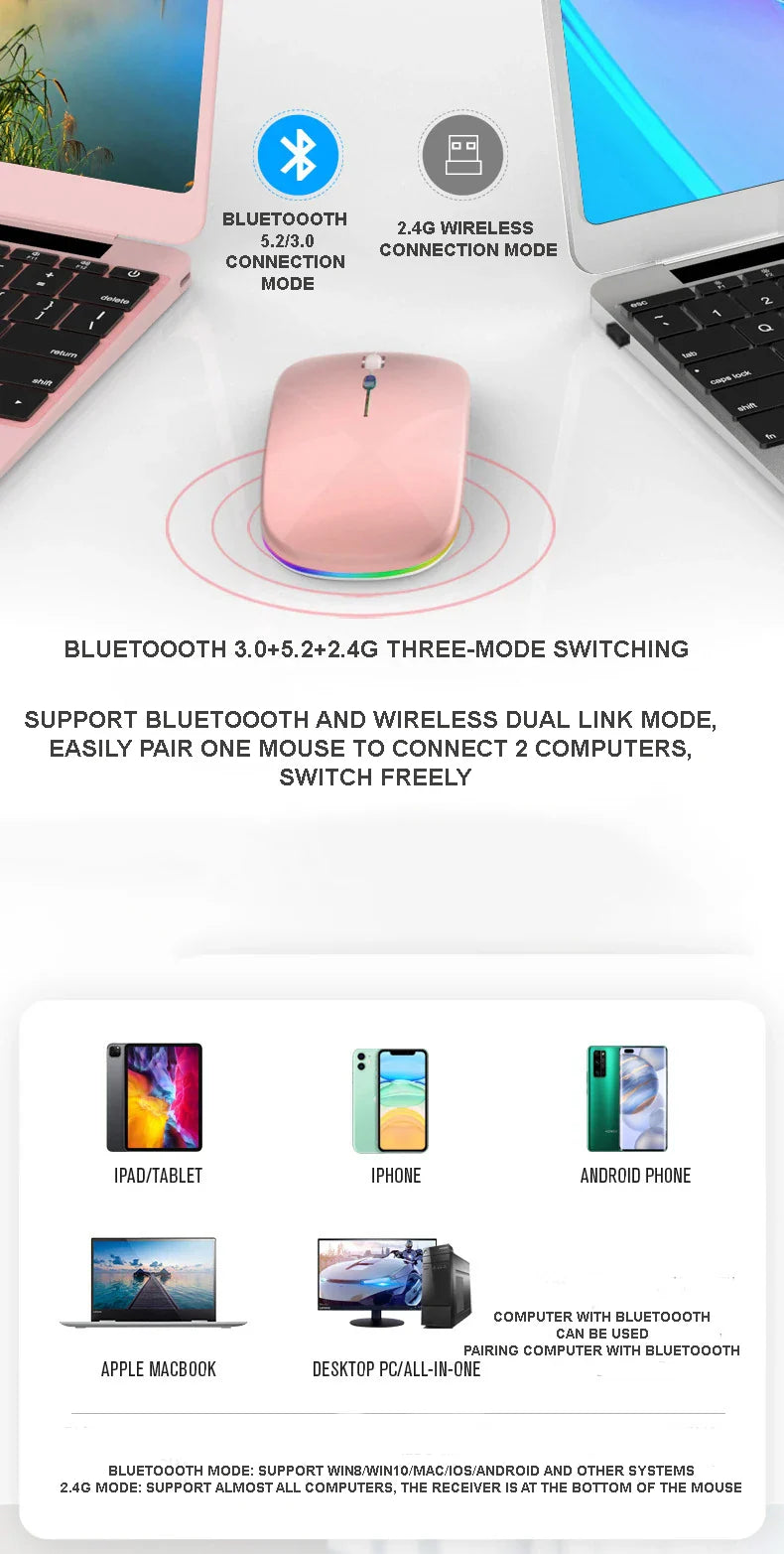 Wireless Mouse Gaming Mouse Backlight USB Compatible RGB Rechargeable Mice Silent Backlit Ergonomic Gaming Mouse for Laptop PC