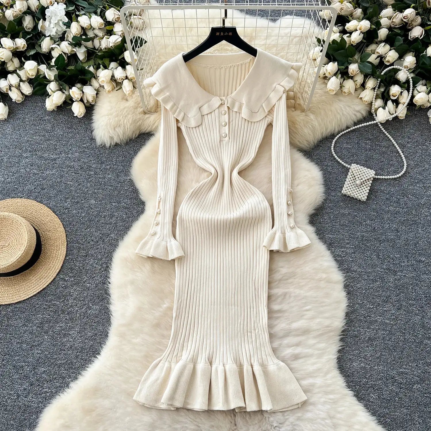 SINGREINY 2024 Hotsweet Slim Autumn Dress Women Peter pan Collar Long Sleeves Patchwork Preppy Style Mermaid Sweater Long Dress