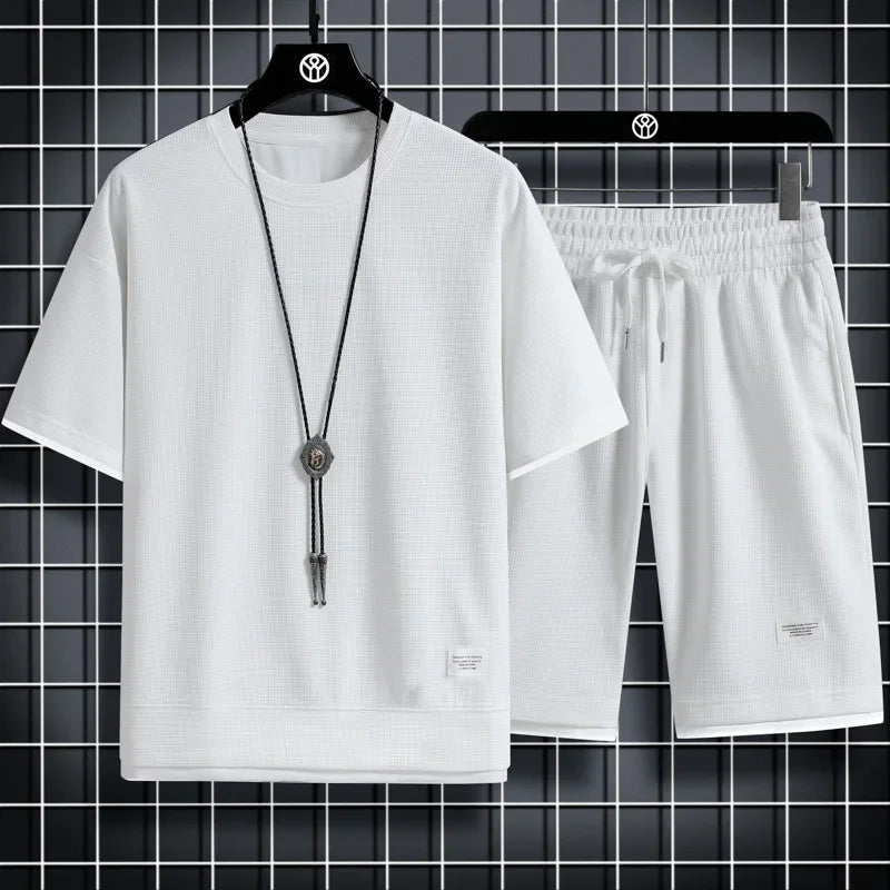 Summer Active Men's Waffle T-Shirt & Shorts Set THRIXINE