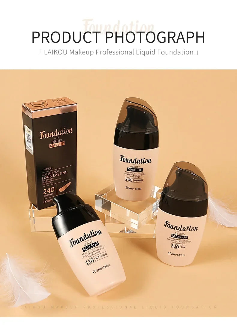 LAIKOU Liquid Foundation Moisturizing Long Lasting Face Comestics Natural Brighten Face Base Tone Make Up 30ml Lootquake LLC