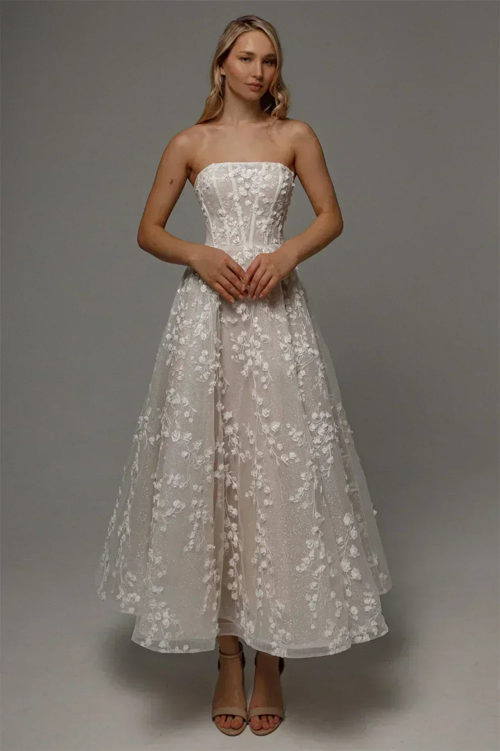 Kyoto Customized Lace Flowers Detachable Long Sleeves Wedding Dress Ankle-Length Glitter vestidos de novia A-Line Formal Gown
