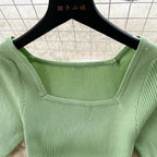 Green 2024 Sexy Summer Knit Short Sleeve Dress Women Squar Collar Waist Bodycon Sundress Female Beach  Backless Long Dress