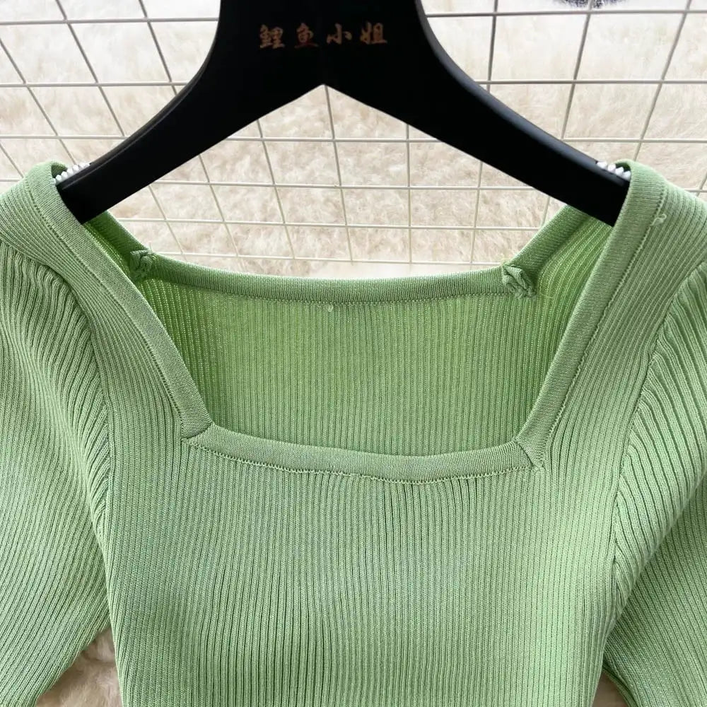 Green 2024 Sexy Summer Knit Short Sleeve Dress Women Squar Collar Waist Bodycon Sundress Female Beach  Backless Long Dress