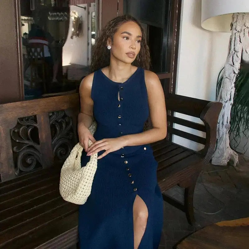 Fashion Knitted Long Dress For Women Elegant Sleeveless Button Maxi Sweater Bodycon Dresses Female Party Fashion Vestidos 2024 N