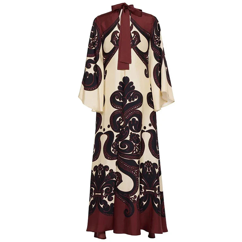 Ethnic Vintage Pattern Print Muslim Women Dresses Spring V Neck Lace-up Loose Long Dress Autumn 3/4 Flare Sleeve Boho Maxi Dress Lootquake LLC