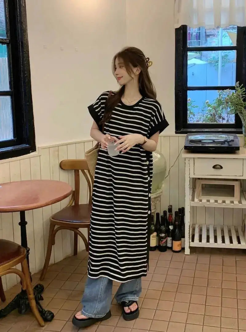 2024 New Casual Korean Striped O-neck Short Sleeve Long Dress Ladies Simplicity Patchwork Loose Tshirt Dress Women Clothing