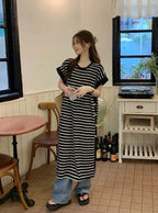 2024 New Casual Korean Striped O-neck Short Sleeve Long Dress Ladies Simplicity Patchwork Loose Tshirt Dress Women Clothing