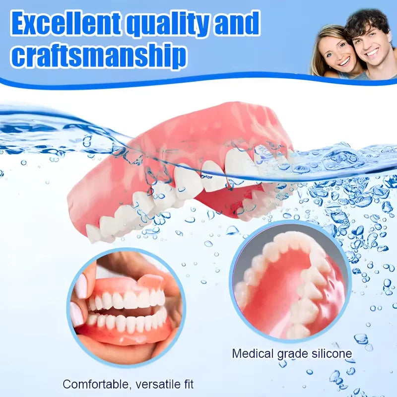 Silicone Full Dentures Natural Upper Lower False Tooth Set Portable Comfort Braces Oral Care for Men Women