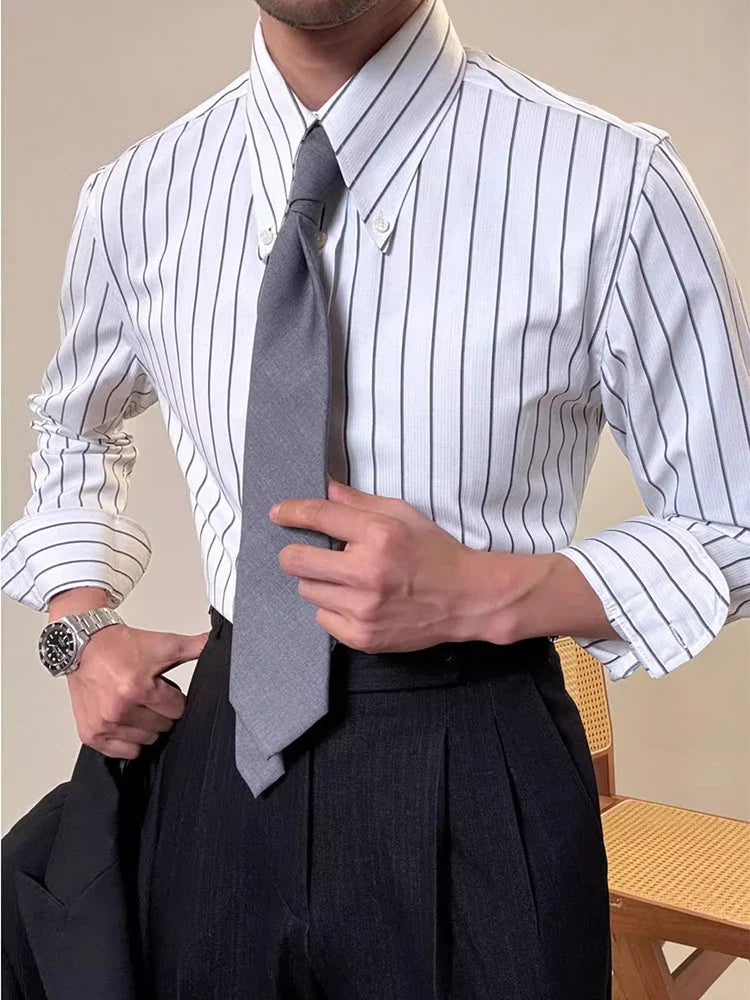 Vintage Striped Printed Slim Shirts Mens Casual Long Sleeve Lapel Buttoned Shirt 2025 Spring Fall Mens Shirt Naple Style Clothes Lootquake LLC
