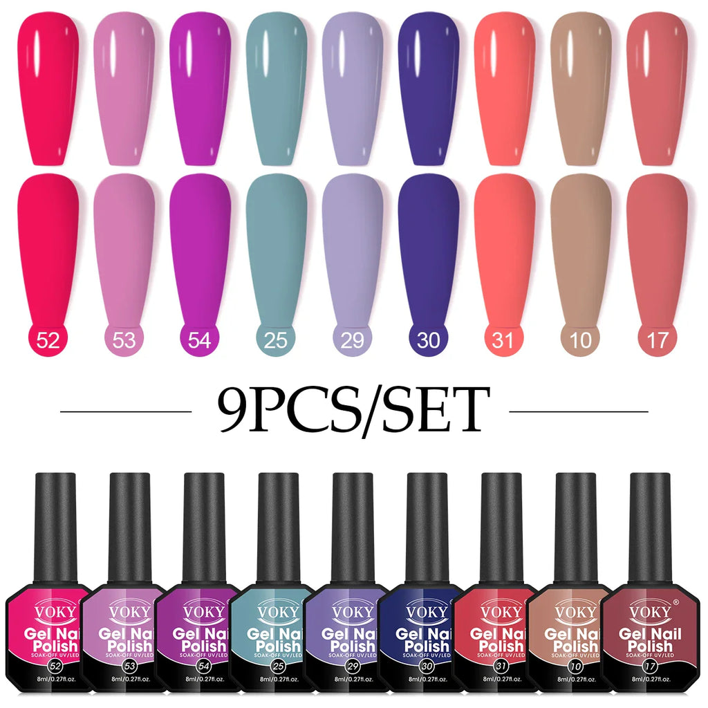 Gel Nail Polish Set, 9-piece, hypoallergenic, fragration-free, washable, advanced gel formulation for home nail and salon use
