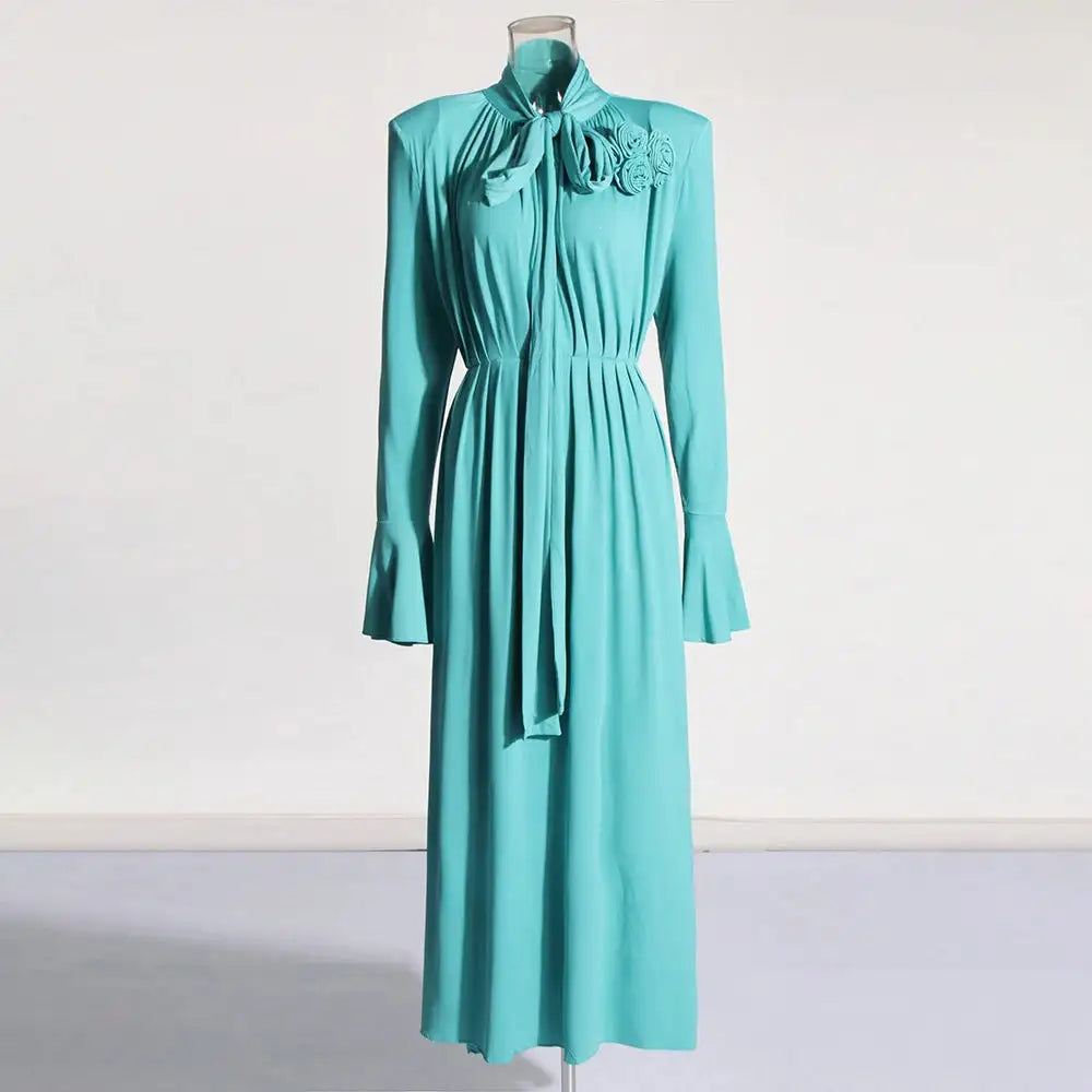 Solid Patchwork Appliques Dresses For Women Half High Collar Flare Sleeve High Waist Elegant Long Dress Female Fashion New