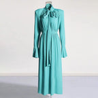 Solid Patchwork Appliques Dresses For Women Half High Collar Flare Sleeve High Waist Elegant Long Dress Female Fashion New