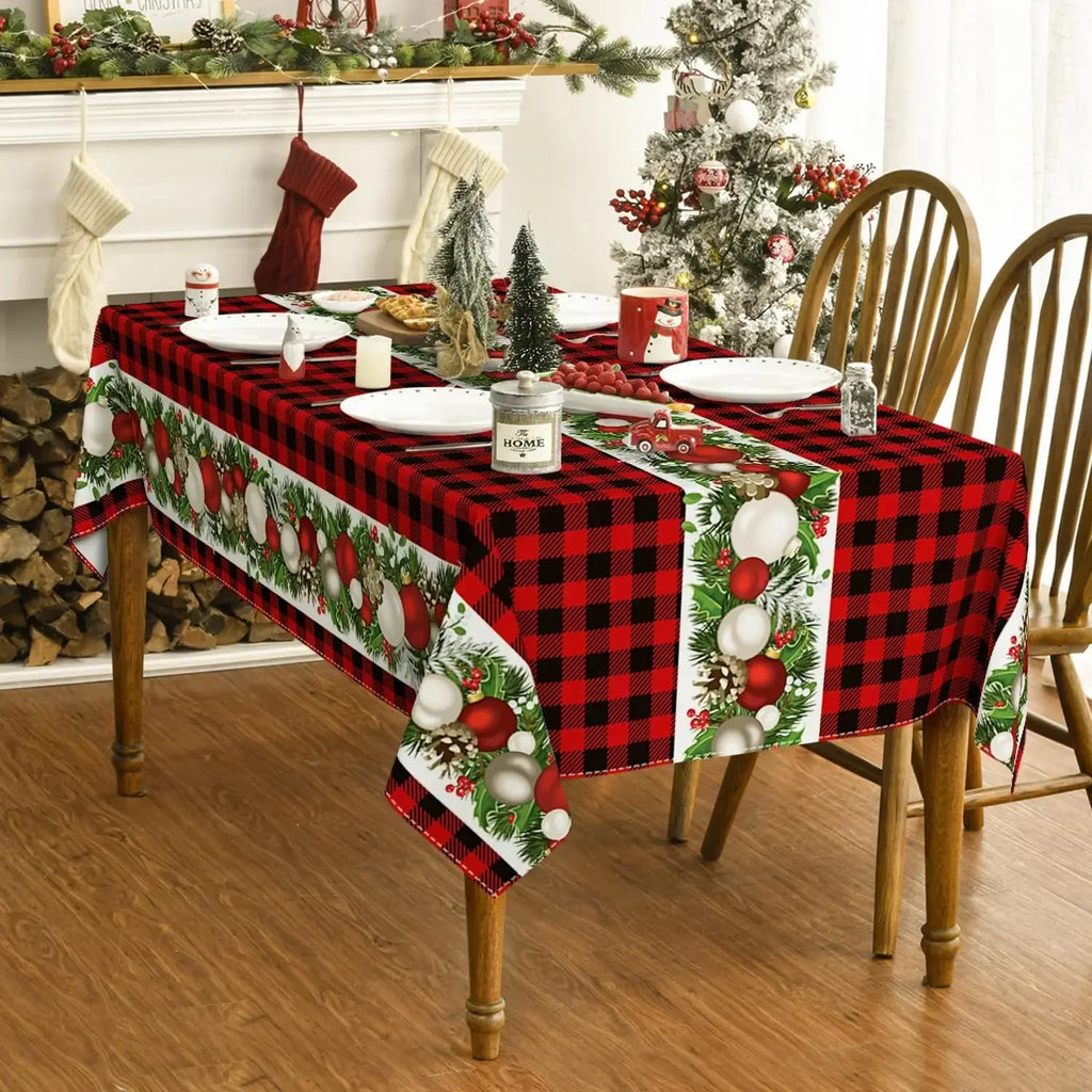 Christmas Ball Ornaments Red Bufalo Plaid Rectangle Tablecloth Dining Room Decor Reusable Table Cover Xmas Party Decorations Lootquake LLC
