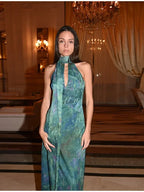 Sexy See Through Deep V Neck Maxi Dress Backless Sleeveless Lace Up Halter Robes Printed Party Vestidos 2025 New Lady Dresses