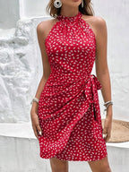 Women's Summer Fashion Hanging Neck Zipper Sleeveless Floral Pleated Short Dress Sexy Off Shoulder Lace-Up Mini Dress Vestidos