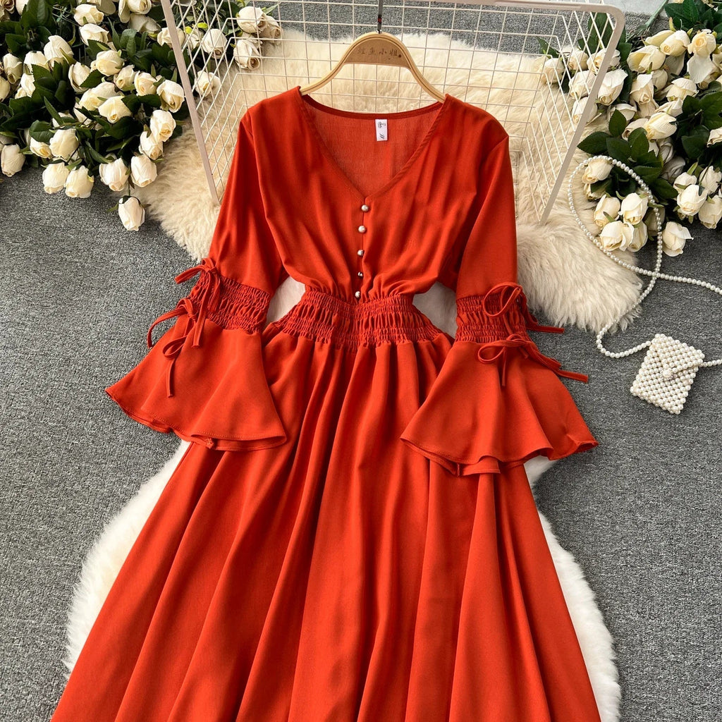Purple/Green/Red Pleated Maxi Long Dress Women Vintage V-Neck Flare Sleeve Draped Ruffle Vestido Female Maxi Robe Summer Lootquake LLC
