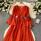 Purple/Green/Red Pleated Maxi Long Dress Women Vintage V-Neck Flare Sleeve Draped Ruffle Vestido Female Maxi Robe Summer Lootquake LLC
