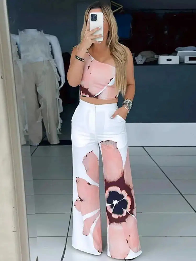 2 Piece Women Sets 2024 New Arrival Summer Autumn Matching Printing Two Pieces Sets Sleeveless Top And Pants Suits Outfits