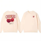 Casual Women's Sweatshirts Cherries Graphic Printing Hoodies Crewneck Fleece Warm Comfortable Pullovers Autumn Winter Streetwear