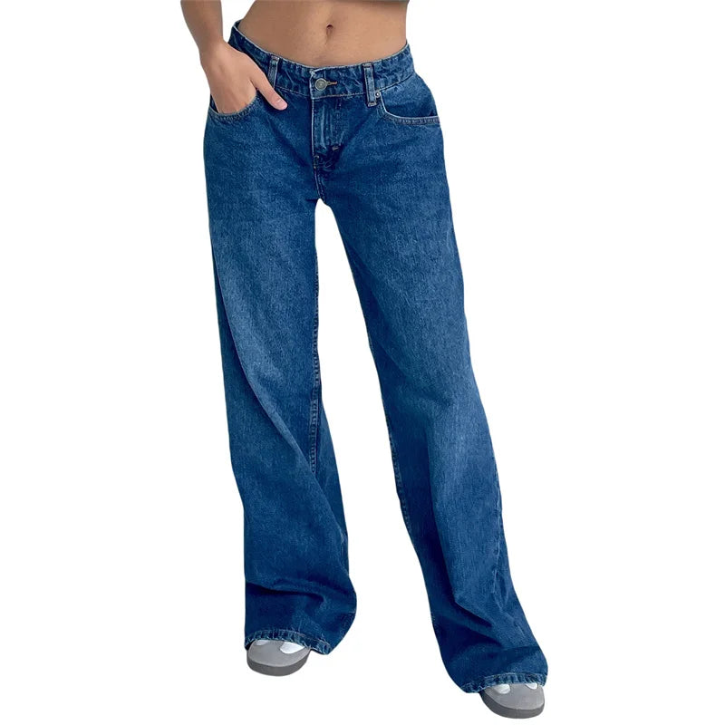 Lamuusaa Jeans y2k Clothes Women Solid Color Low Waist Waist Wide Leg Denim Pants Trousers with Multi Pockets 2000s Streetwear