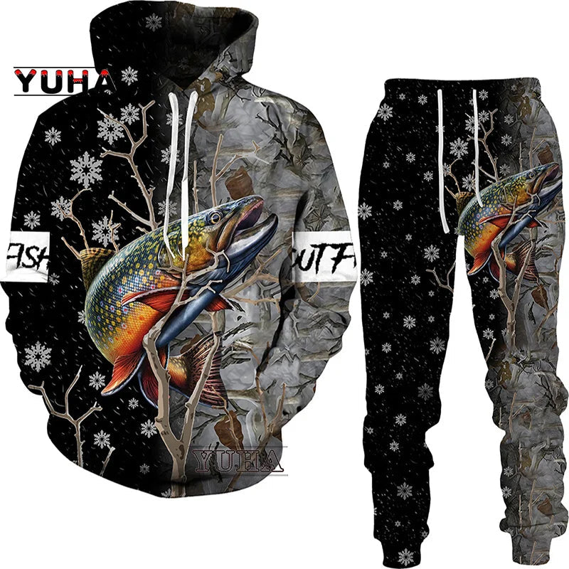 New 3D Fishing Art Print Casual Couple Hoodies Outfits Hip Hop Streetwear Hooded Sweatshirt+Sweat Pants Men's Tracksuit Set Lootquake LLC
