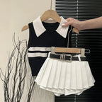 Baby Girls Knitted Polo Shirt Summer Set Latest Children's Western style Tank Top Fashionable Pleated Skirt Two Piece Set