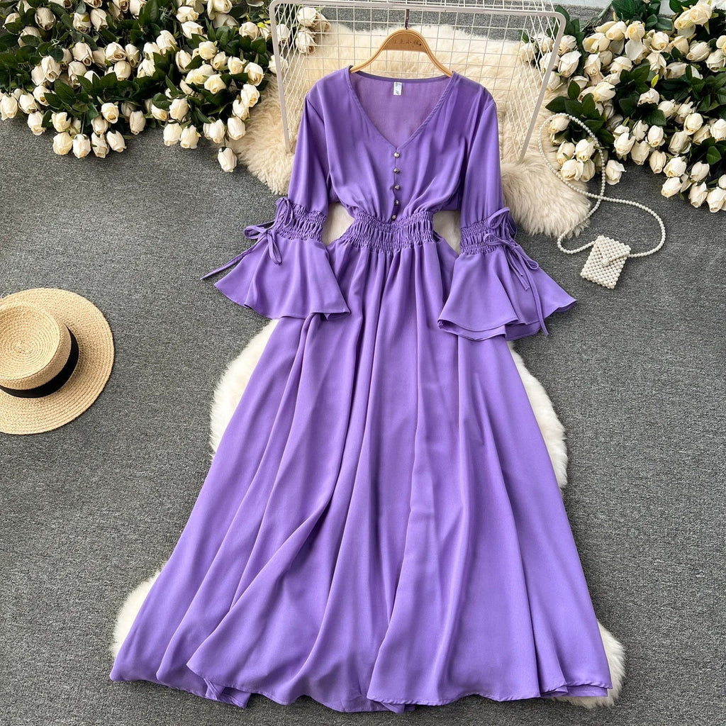 Purple/Green/Red Pleated Maxi Long Dress Women Vintage V-Neck Flare Sleeve Draped Ruffle Vestido Female Maxi Robe Summer Lootquake LLC